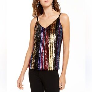 INC Women's Sequin Color Stripe V Neck Spaghetti Strap Tank Size Large